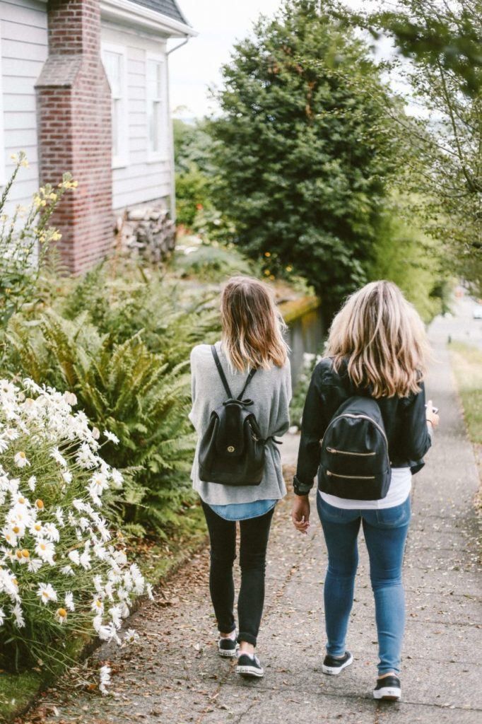 Young women walking with backpacks