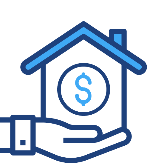 A graphical illustration of a hand holding a house with a dollar sign in it