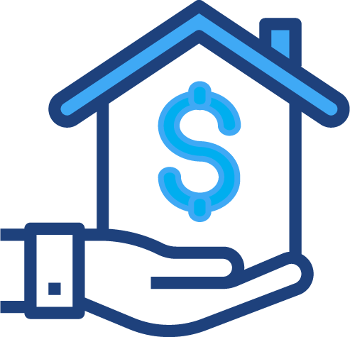 A graphical illustration of a hand holding a house with a dollar sign in it