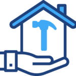 A graphical illustration of a hand holding a house with a hammer in it
