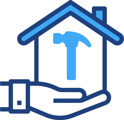 A graphical illustration of a hand holding a house with a hammer in it