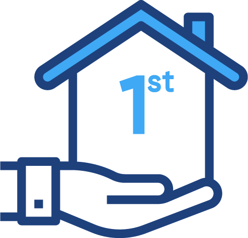 A graphical illustration of a hand holding a house with 1st in it