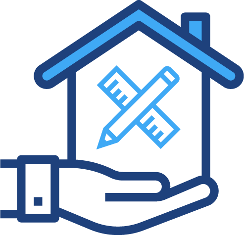 A graphical illustration of a hand holding a house with tools in it