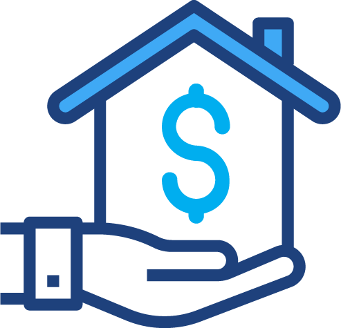 A graphical illustration of a hand holding a house with a dollar sign in it