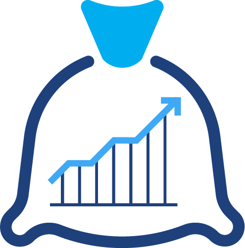 A graphical illustration of a piece of a money bag with an upwards arrow graph within it