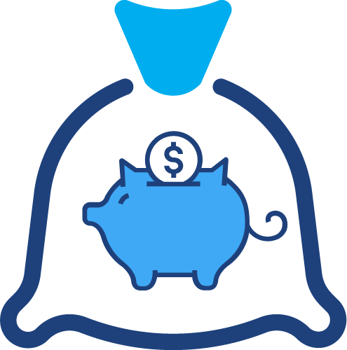 A graphical illustration of a piece of a money bag with a piggy bank within it