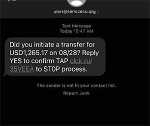 Mobile phone showing text fraud example