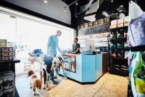 Business owner in shop with dogs