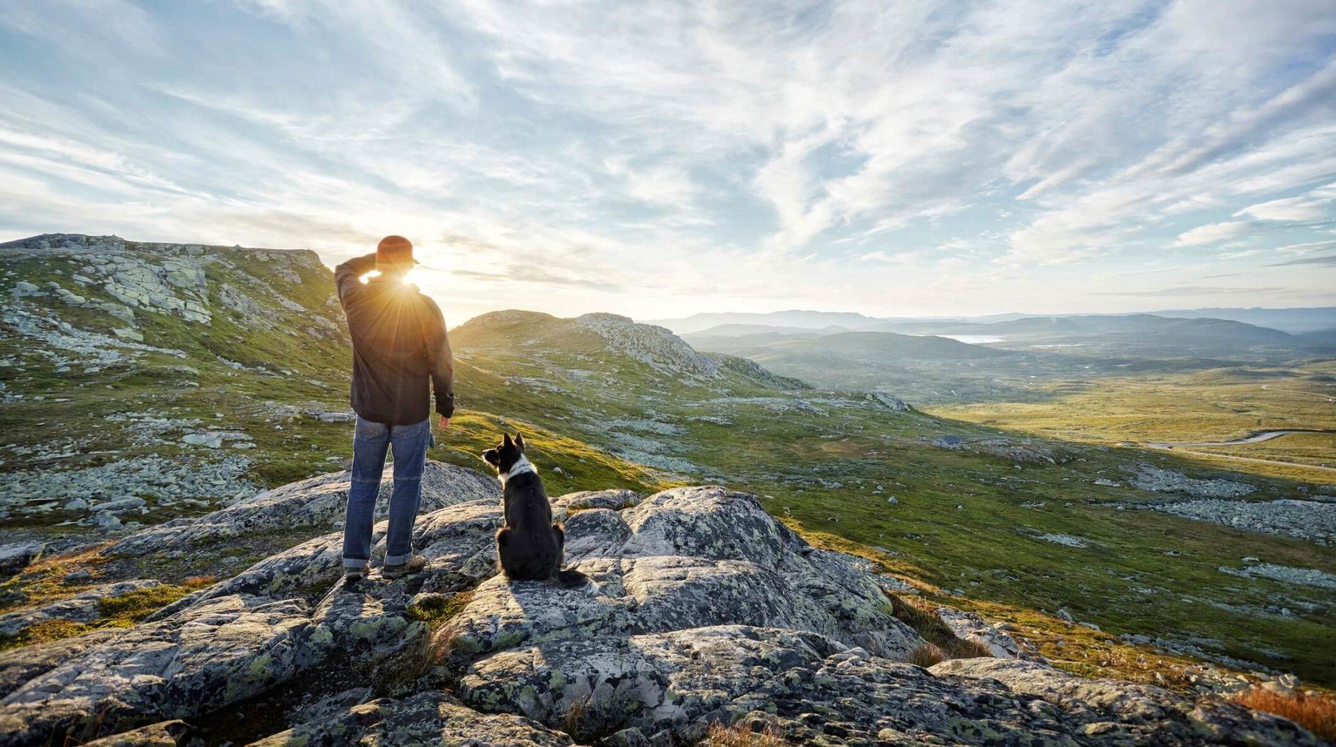 Man and dog watching sunrise over hills