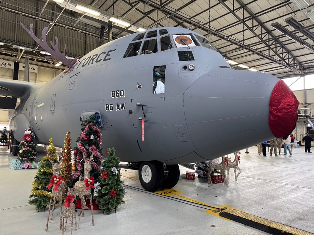 A reindeer inspired C130 sled at the Red Nosed Herc event, sponsored by Service CU, on Ramstein Air Base.