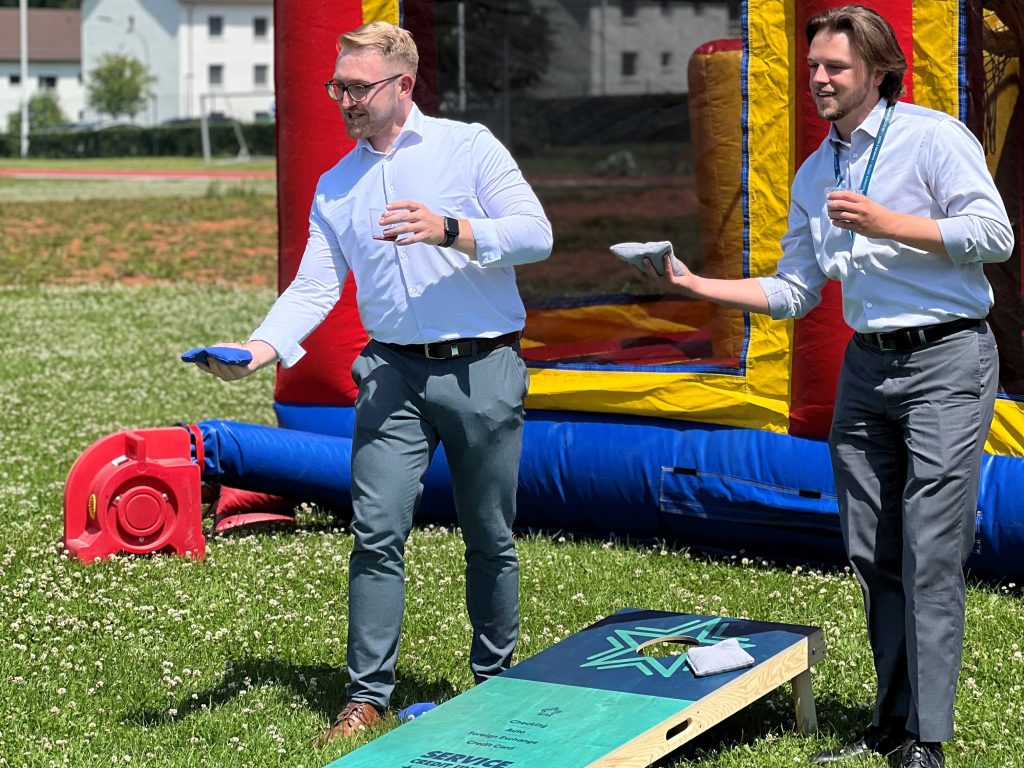 Among the ways Service CU supported the annual Family Picnic and Field Day, staff brought branded cornhole boards for attendees to play with.